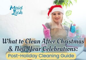 Post-holiday cleaning guide showing a tidy, restored kitchen after Christmas and New Year celebrations.