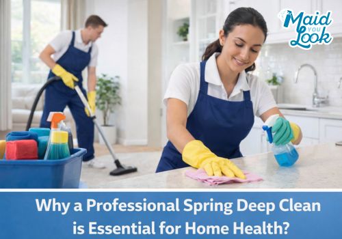 A professional cleaner from Maid You Look using high-powered equipment to deep clean a modern living room in Parker, CO.